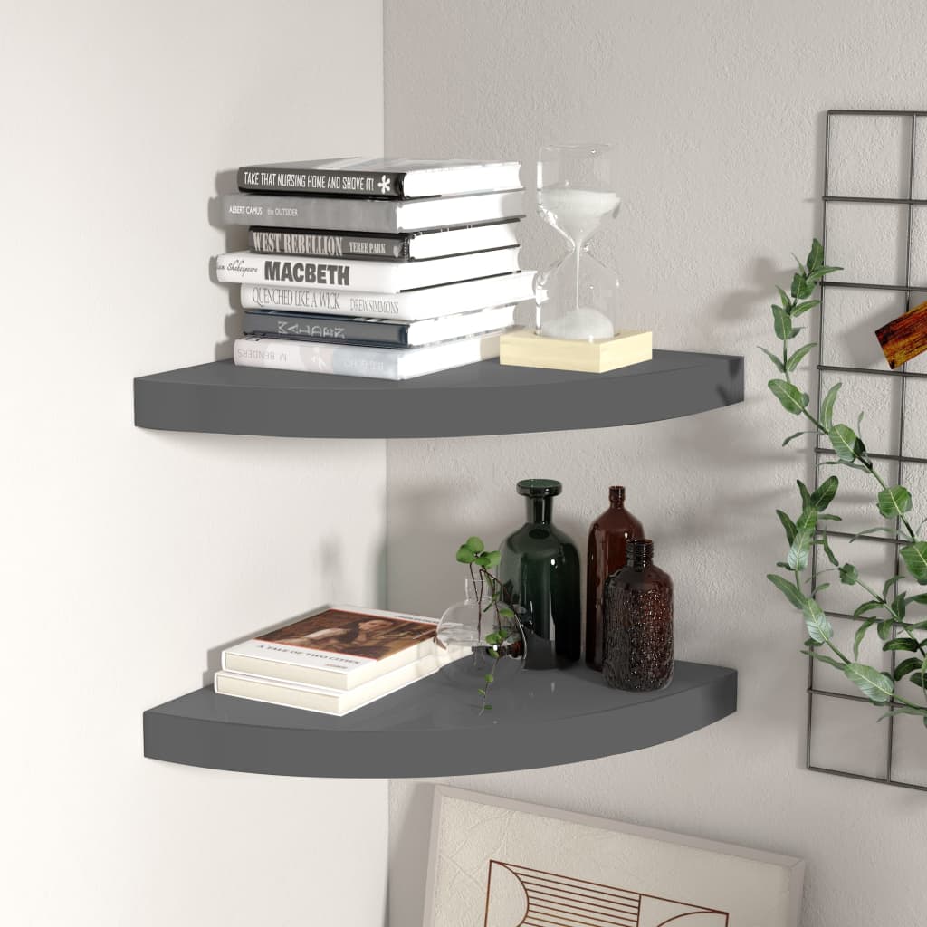 vidaXL Floating Corner Shelves 2 pcs High Gloss Gray 13.8"x13.8"x1.5" MDF