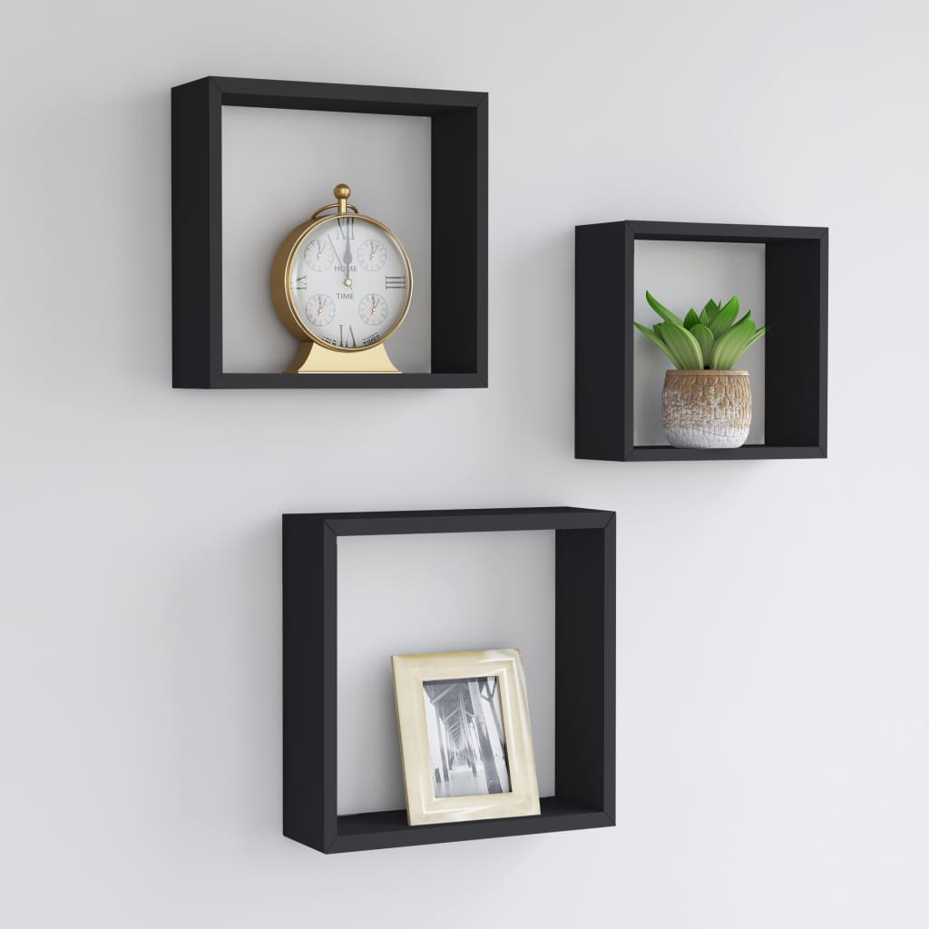 vidaXL Wall Cube Shelves 3 pcs Black MDF