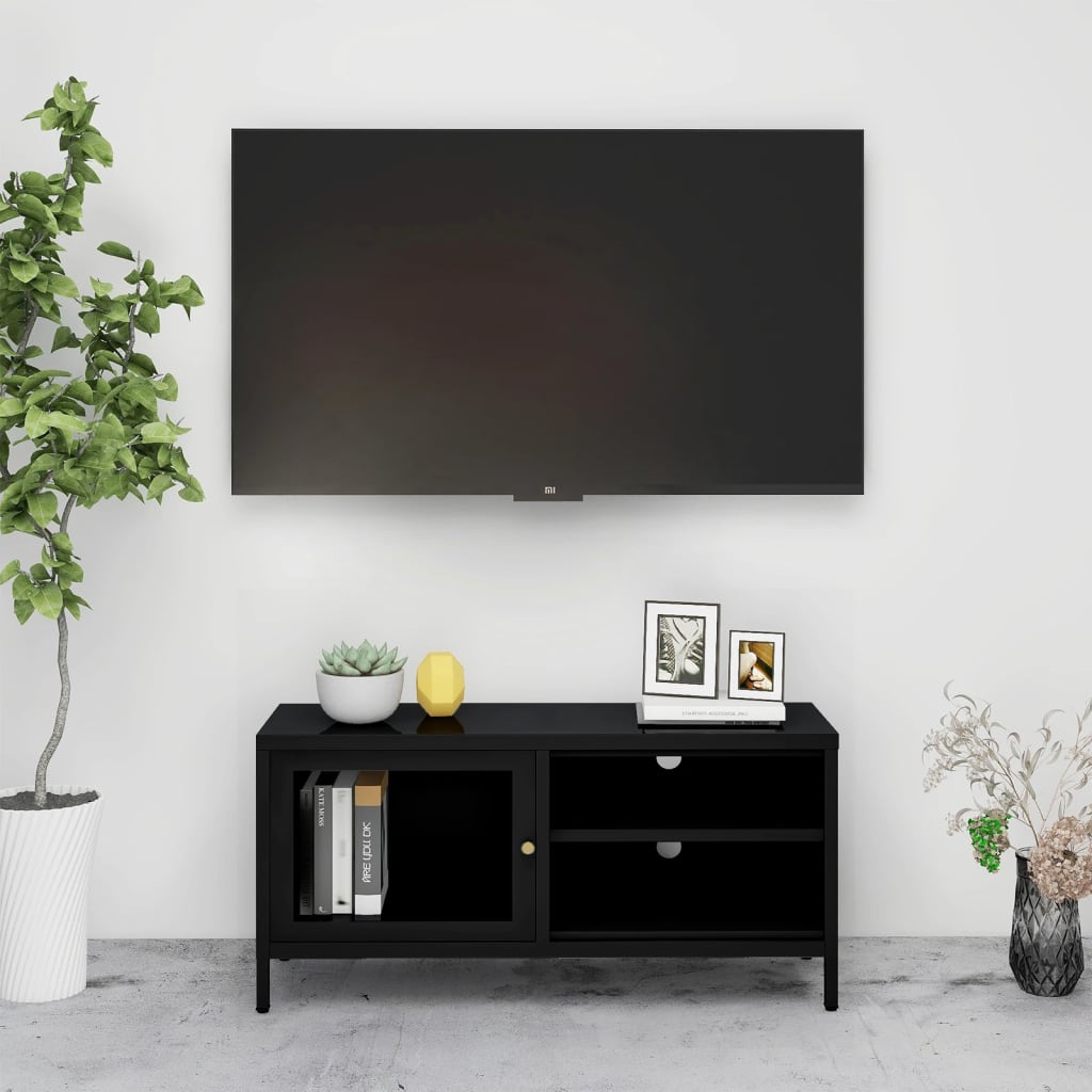 vidaXL TV Cabinet Black 35.4"x11.8"x17.3" Steel and Glass