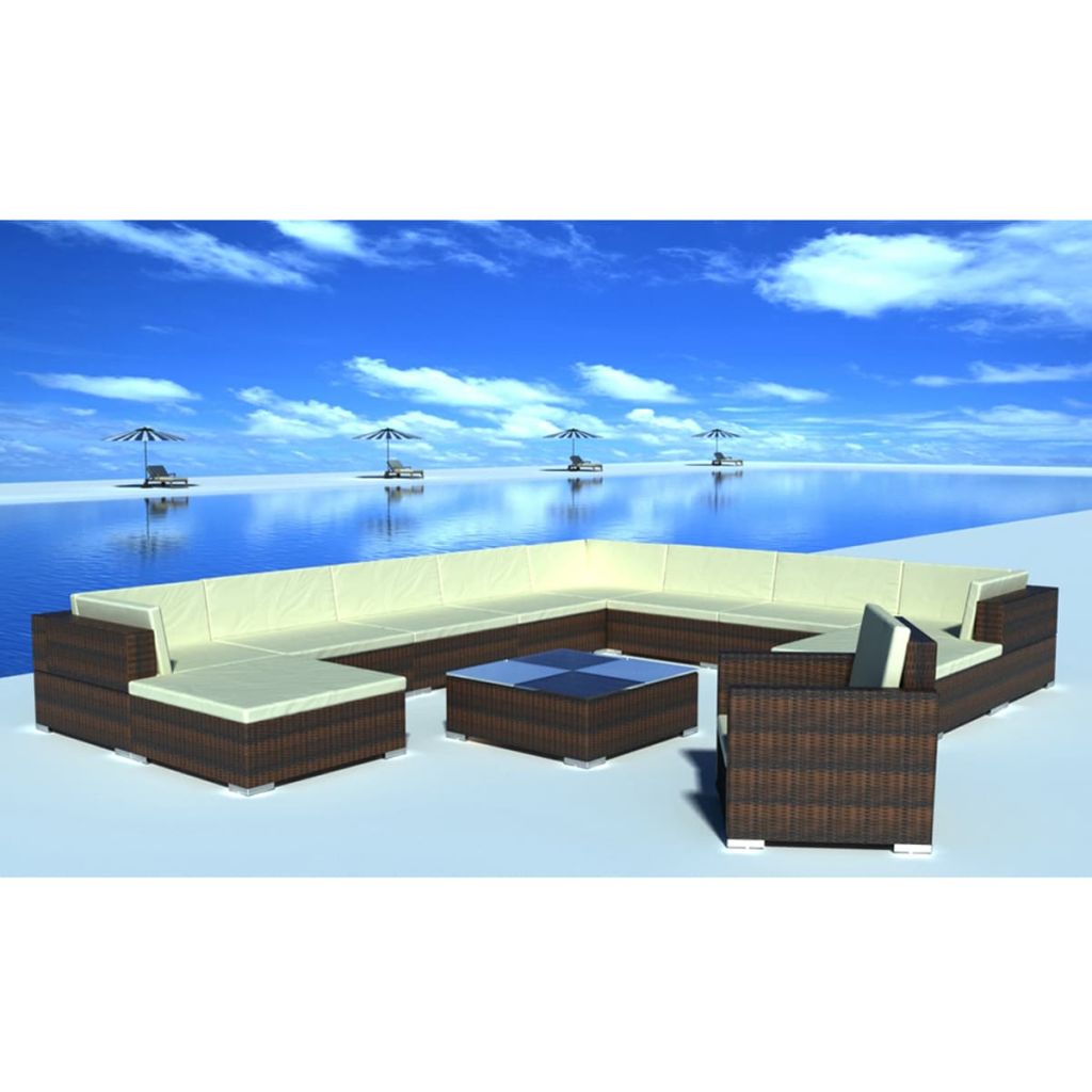 vidaXL 12 Piece Patio Lounge Set with Cushions Poly Rattan Brown