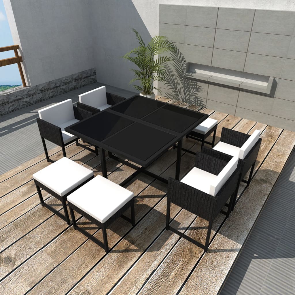 vidaXL 9 Piece Patio Dining Set with Cushions Poly Rattan Black