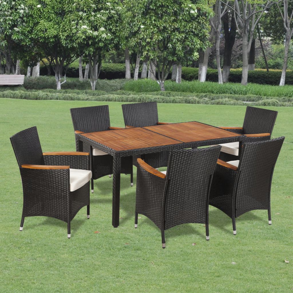 vidaXL 7 Piece Patio Dining Set with Cushions Poly Rattan