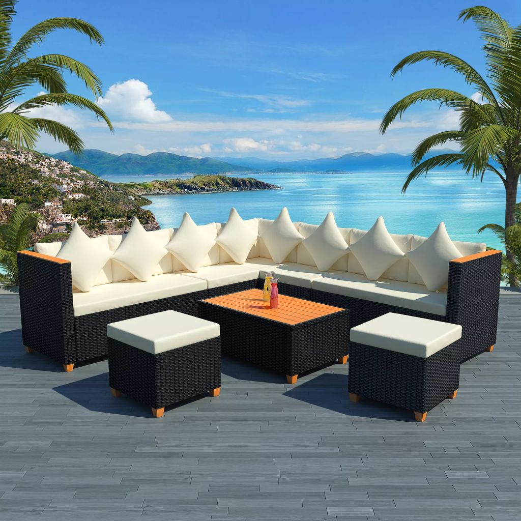 vidaXL 7 Piece Patio Lounge Set with Cushions Poly Rattan Black