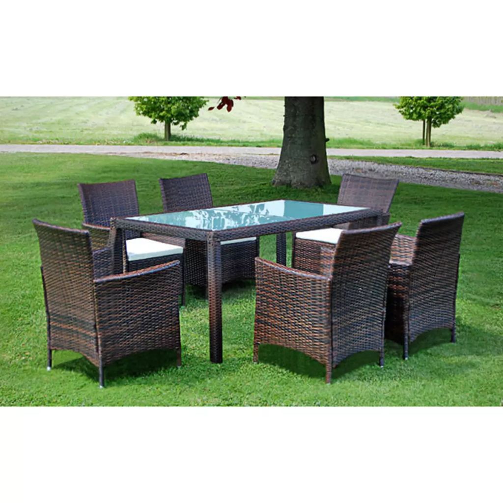 vidaXL 7 Piece Patio Dining Set with Cushions Poly Rattan Brown