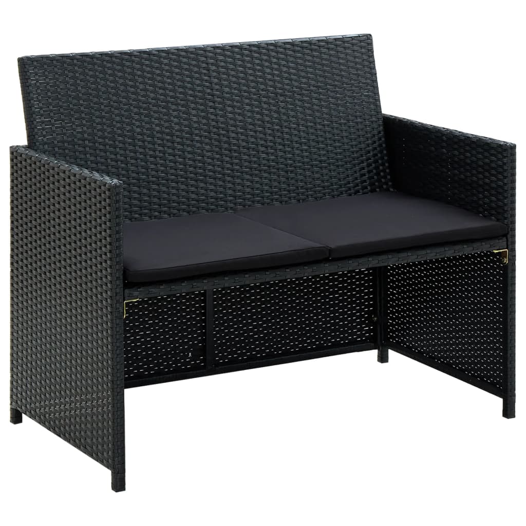 vidaXL 2 Seater Patio Sofa with Cushions Black Poly Rattan