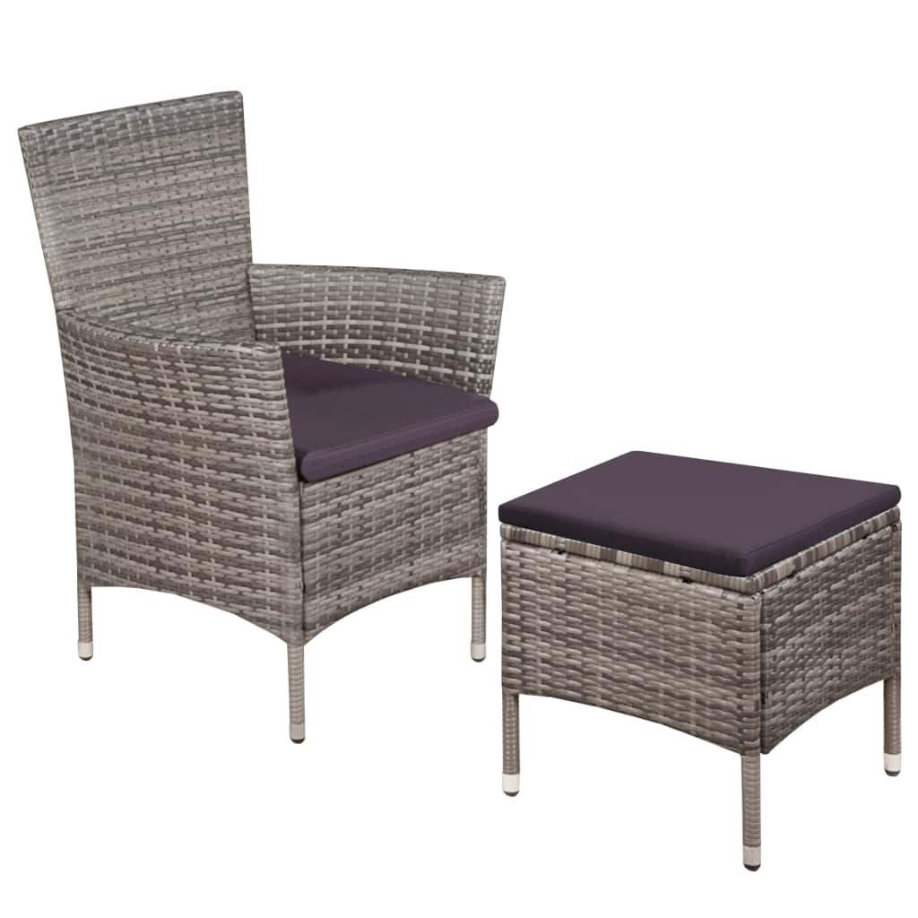 vidaXL Patio Chair and Stool with Cushions Poly Rattan Gray