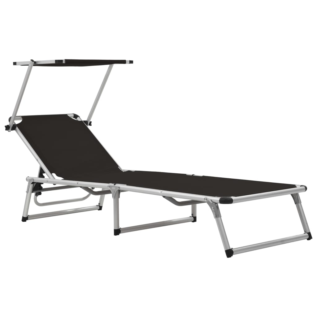 vidaXL Folding Sun Lounger with Roof Aluminium and Textilene Black