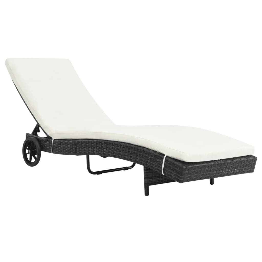 vidaXL Sun Lounger with Wheels and Cushion Poly Rattan Black