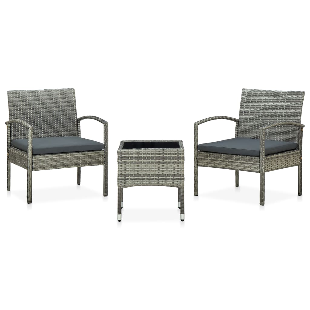 vidaXL 3 Piece Bistro Set with Cushions Poly Rattan Gray