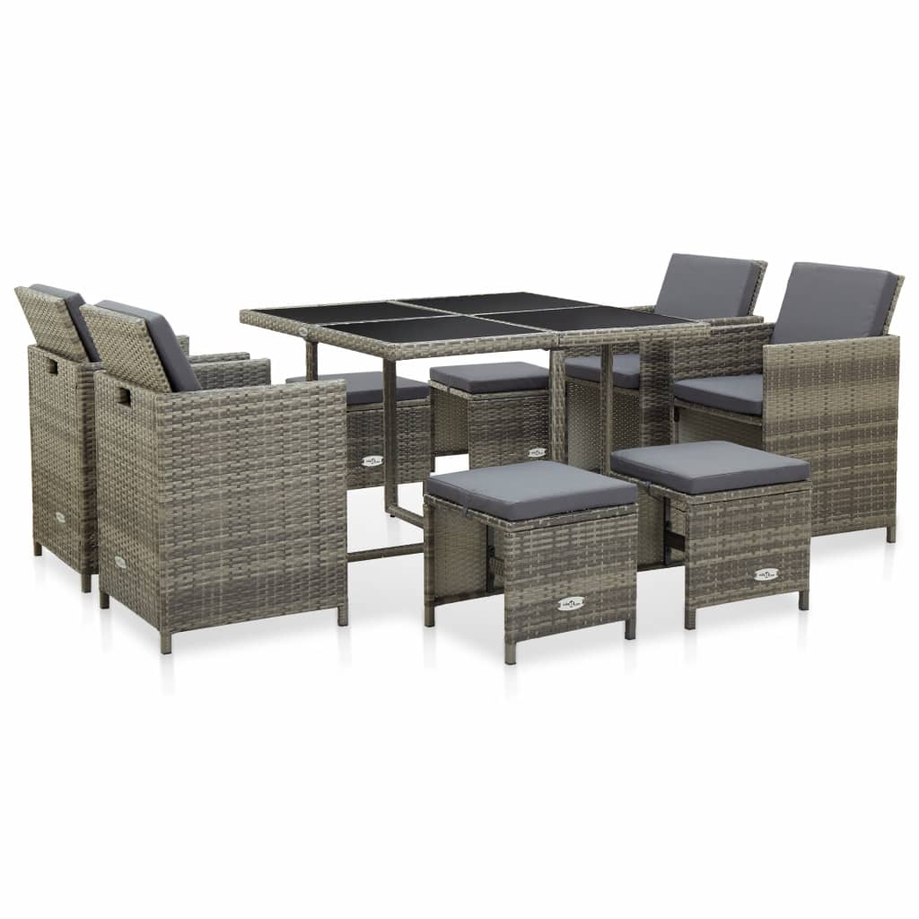 vidaXL 9 Piece Patio Dining Set with Cushions Poly Rattan Gray