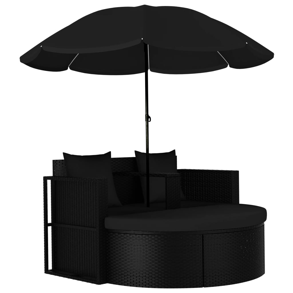 vidaXL Patio Bed with Parasol Poly Rattan Black