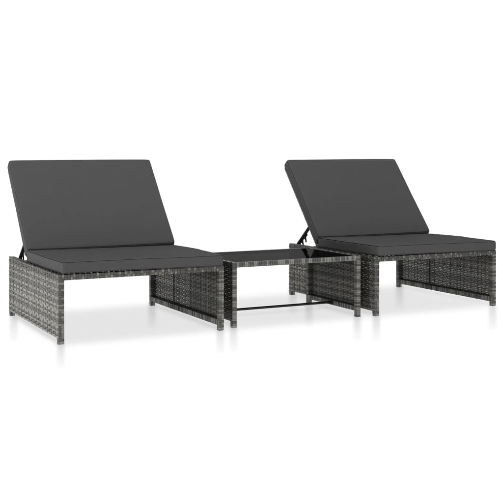 vidaXL Sun Loungers 2 pcs with Table Poly Rattan Gray