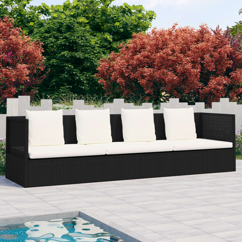 vidaXL Patio Lounge Bed with Cushion & Pillows Poly Rattan Black