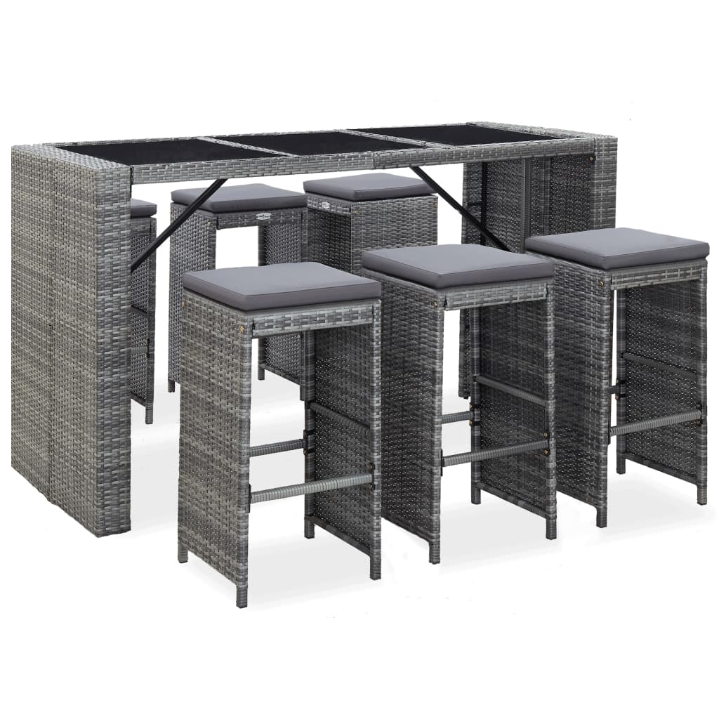 vidaXL 7 Piece Patio Bar Set with Cushions Poly Rattan Gray