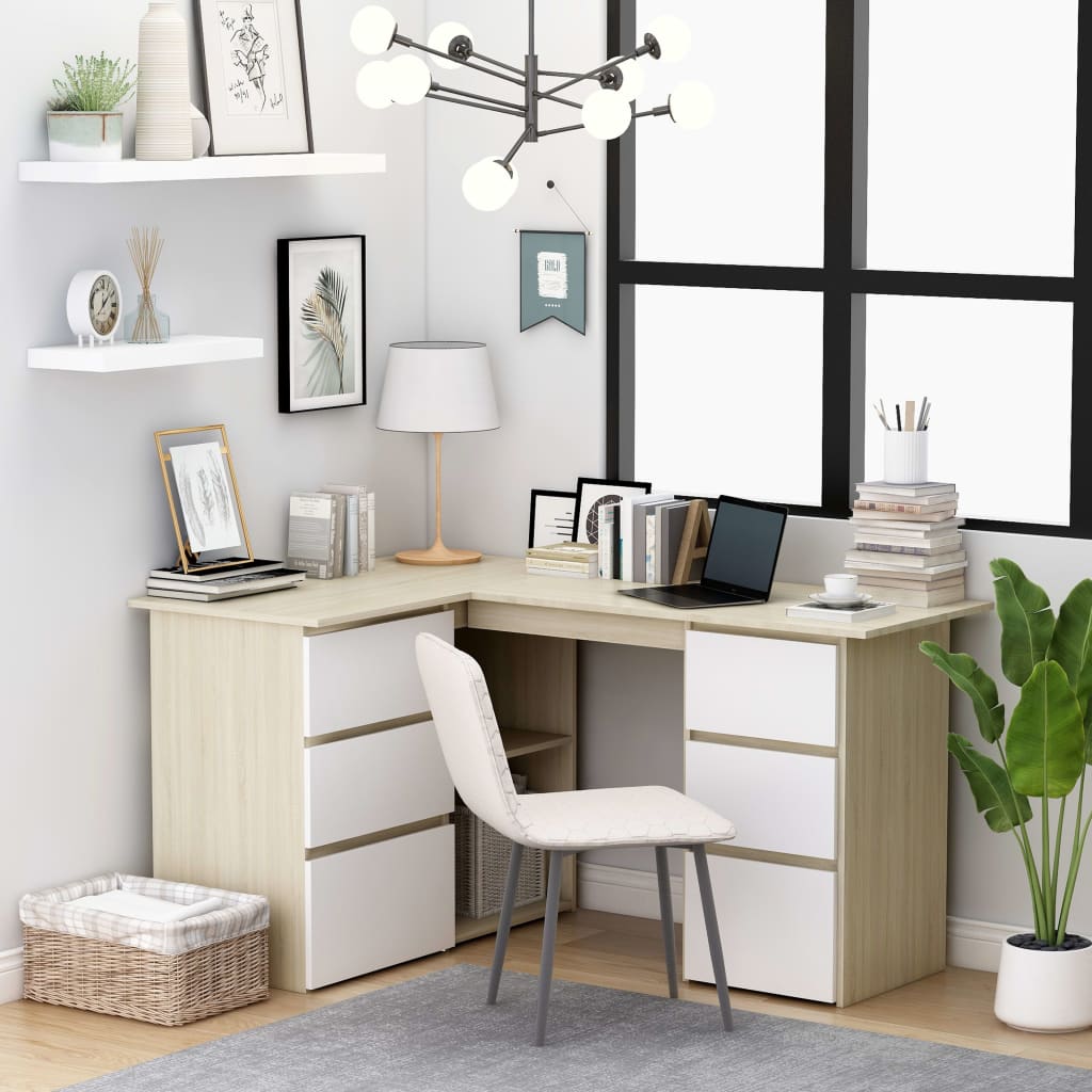 vidaXL Corner Desk White and Sonoma Oak 57.1"x39.4"x29.9" Chipboard