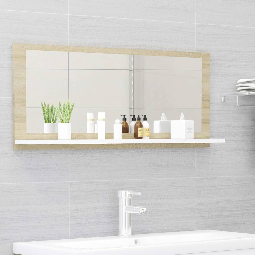 vidaXL Bathroom Mirror White and Sonoma Oak 35.4"x4.1"x14.6" Chipboard