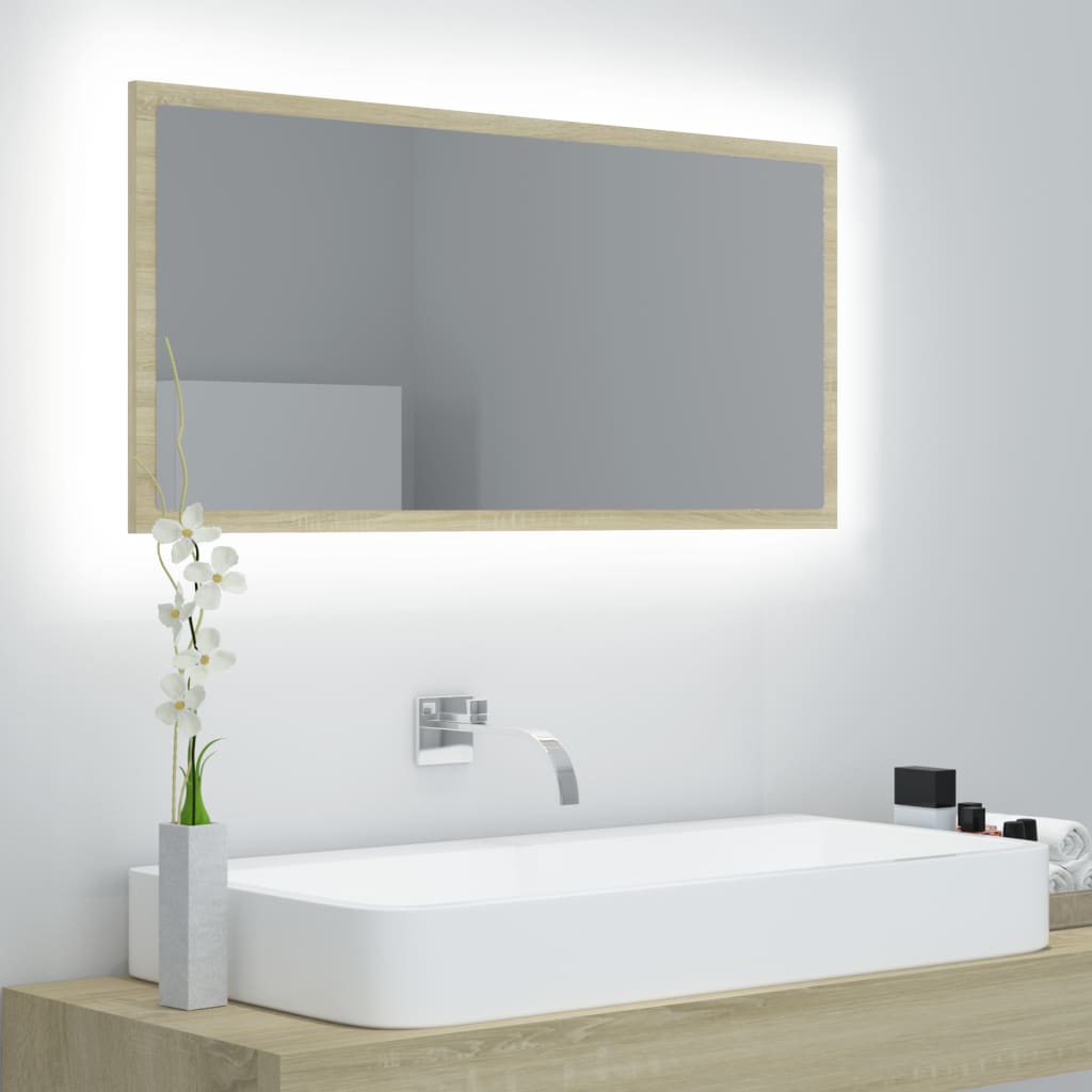 vidaXL LED Bathroom Mirror Sonoma Oak 35.4"x3.3"x14.6" Chipboard