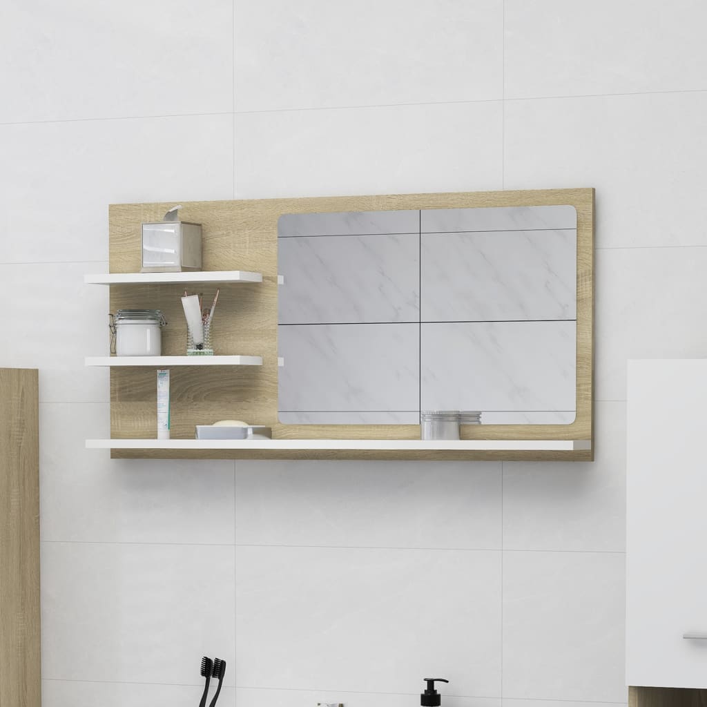 vidaXL Bathroom Mirror White and Sonoma Oak 35.4"x4.1"x17.7" Chipboard