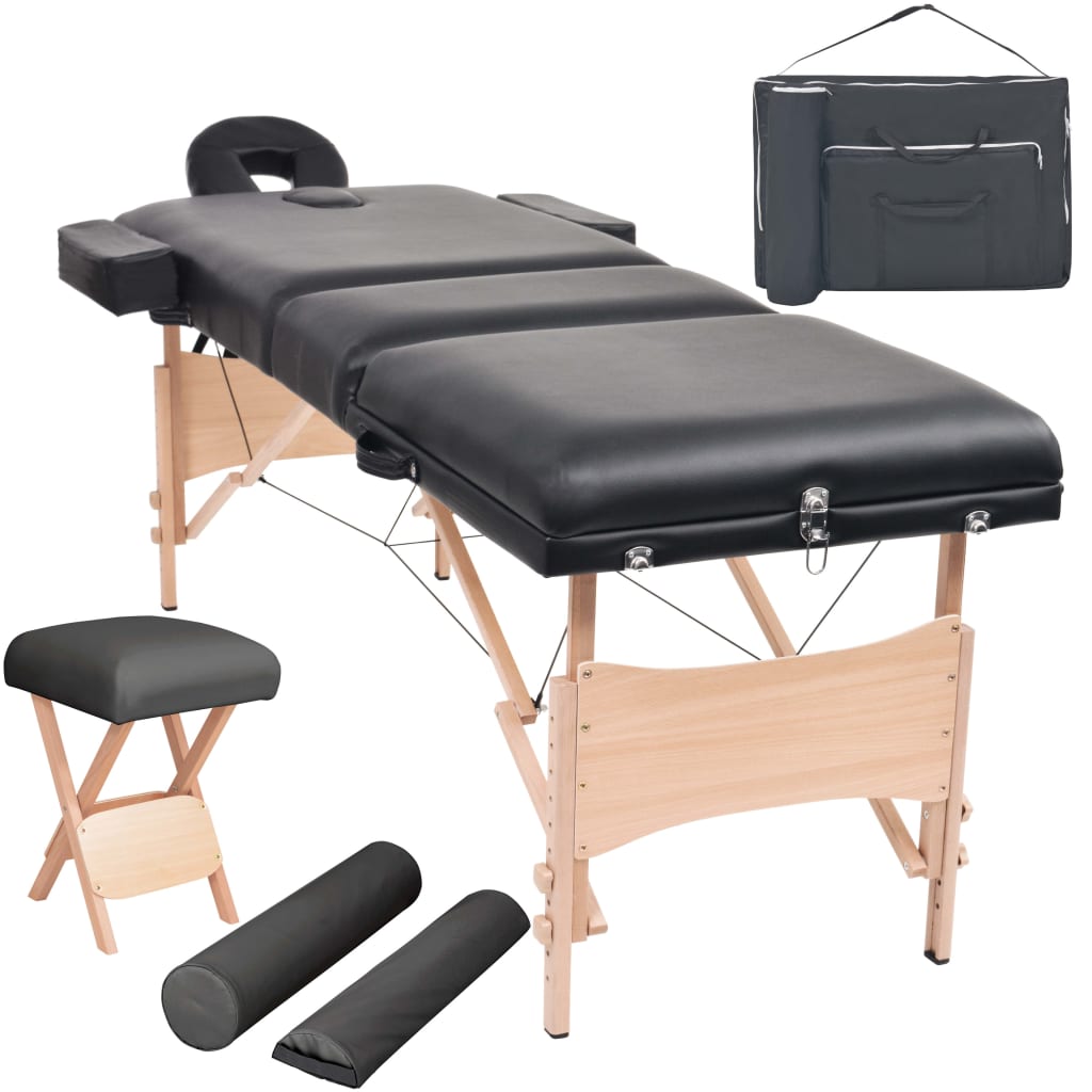 vidaXL 3-Zone Folding Massage Table and Stool Set 3.9" Thick Black