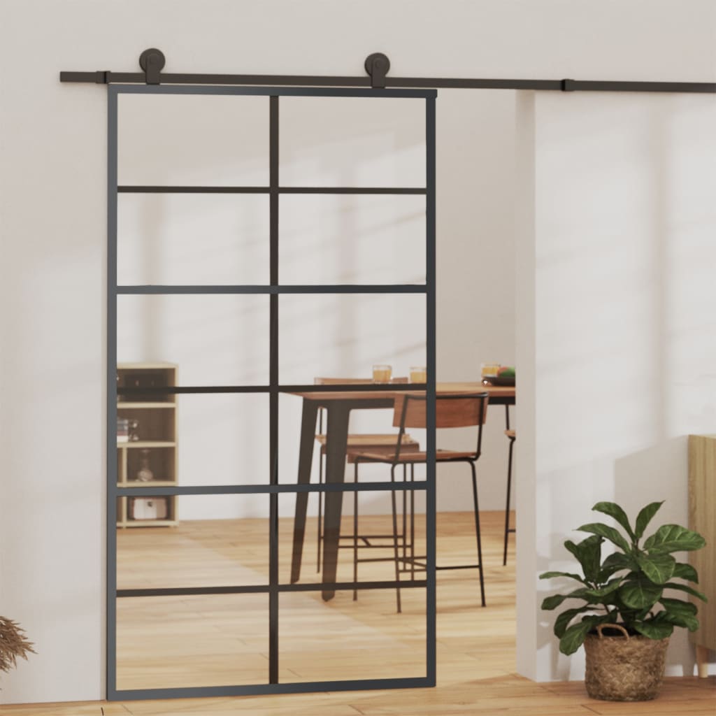 vidaXL Sliding Door ESG Glass and Aluminum 40.2"x80.7" Black