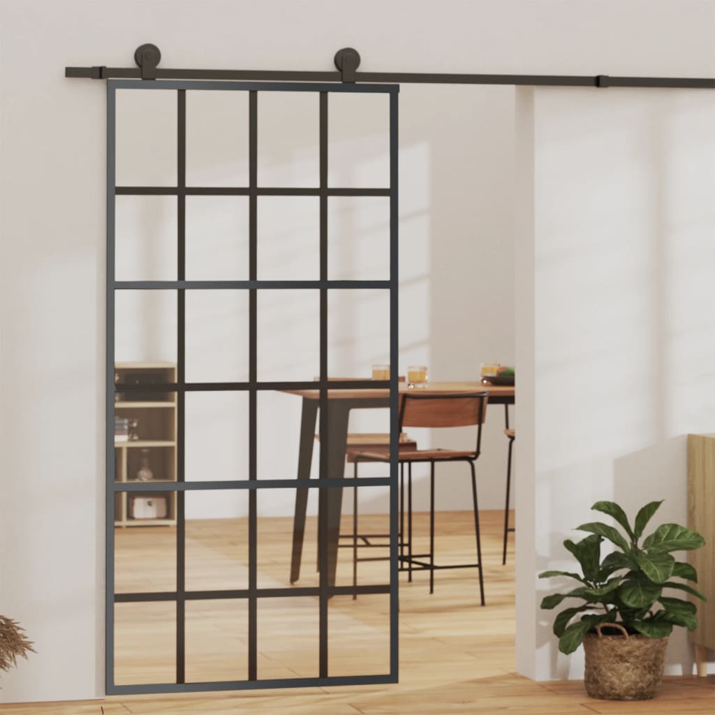 vidaXL Sliding Door ESG Glass and Aluminum 40.2"x80.7" Black