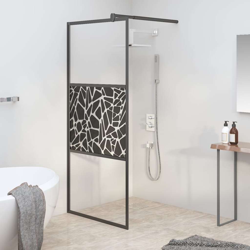 vidaXL Walk-in Shower Wall 35.4"x76.8" ESG Glass with Stone Design Black