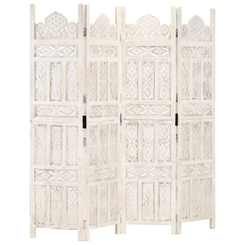 vidaXL Hand carved 4-Panel Room Divider White 63"x65" Solid Mango Wood