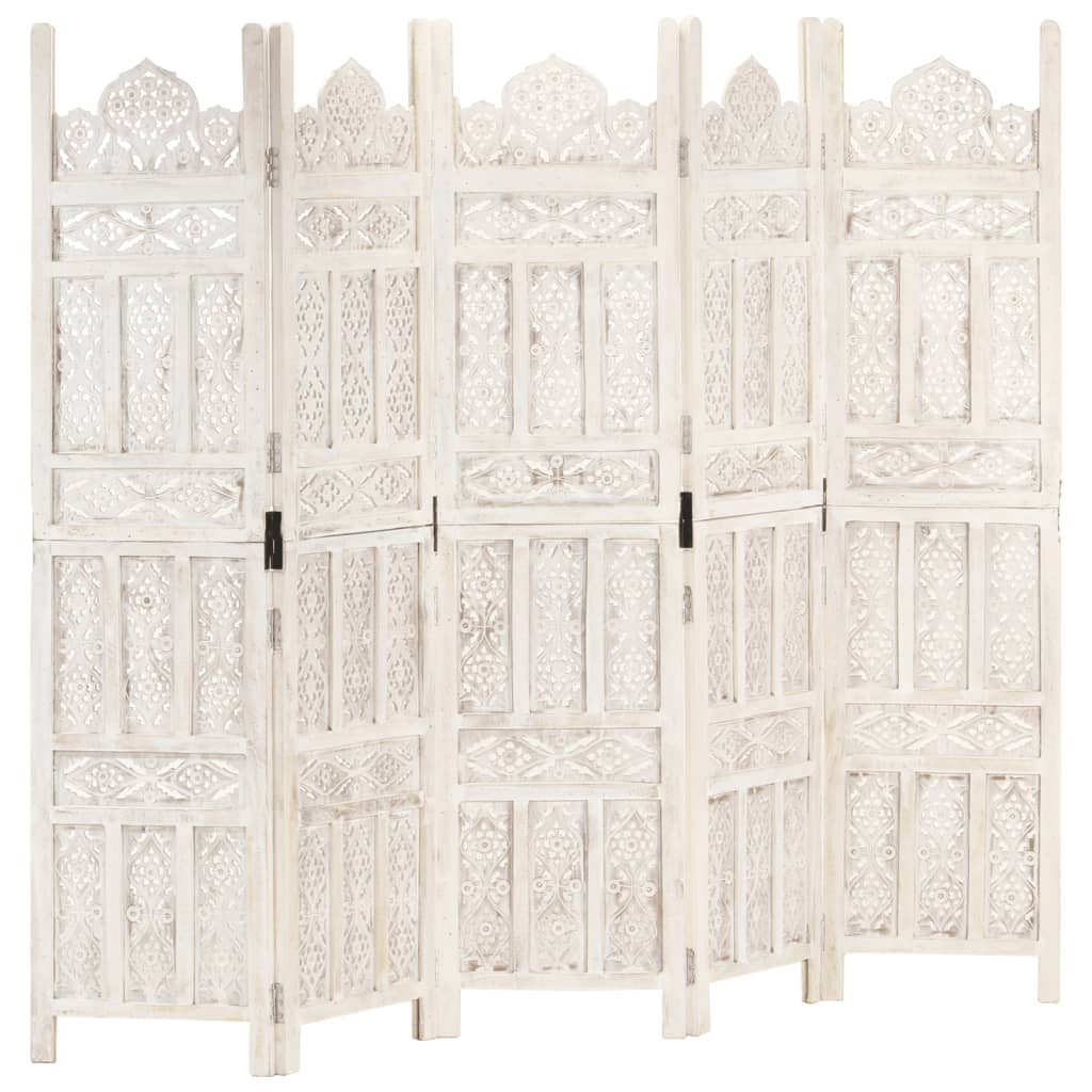 vidaXL Hand carved 5-Panel Room Divider White 78.7"x65" Solid Mango Wood