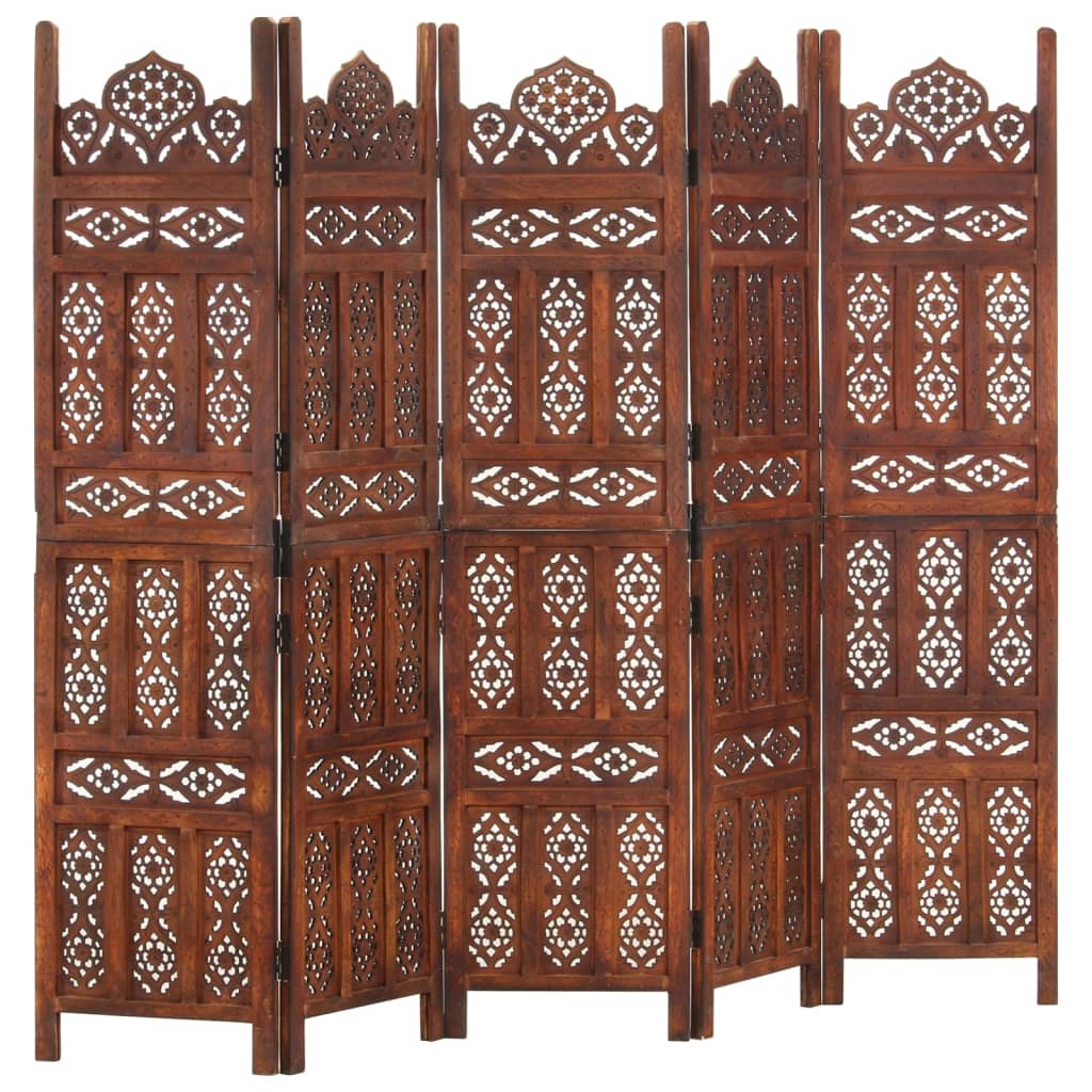 vidaXL Hand carved 5-Panel Room Divider Brown 78.7"x65" Solid Mango Wood