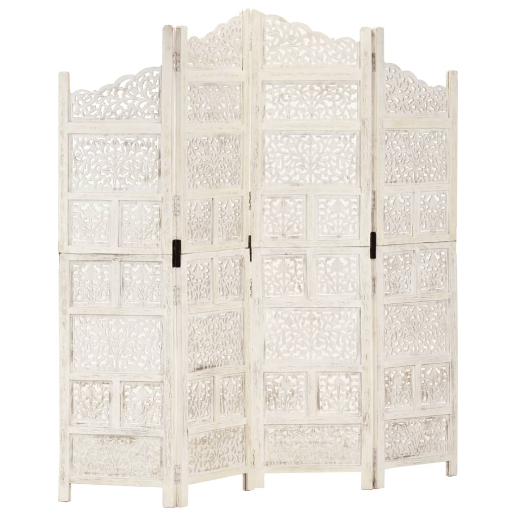 vidaXL Hand carved 4-Panel Room Divider White 63"x65" Solid Mango Wood