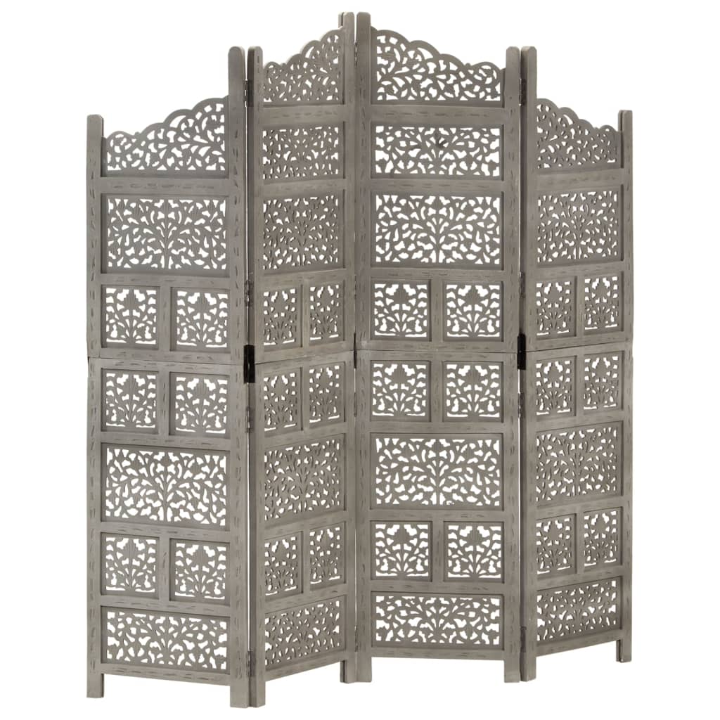 vidaXL Hand carved 4-Panel Room Divider Gray 63"x65" Solid Mango Wood