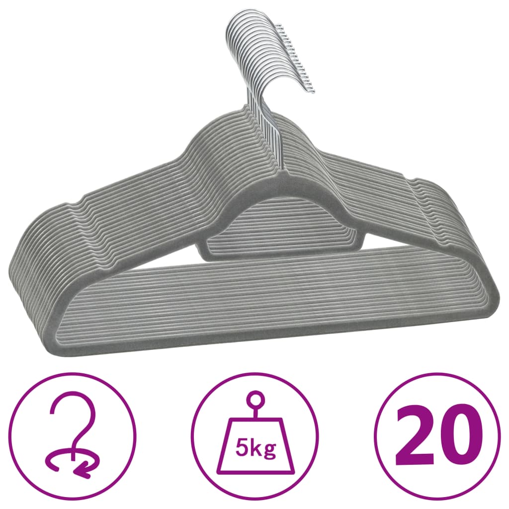 vidaXL 20 pcs Clothes Hanger Set Anti-slip Gray Velvet