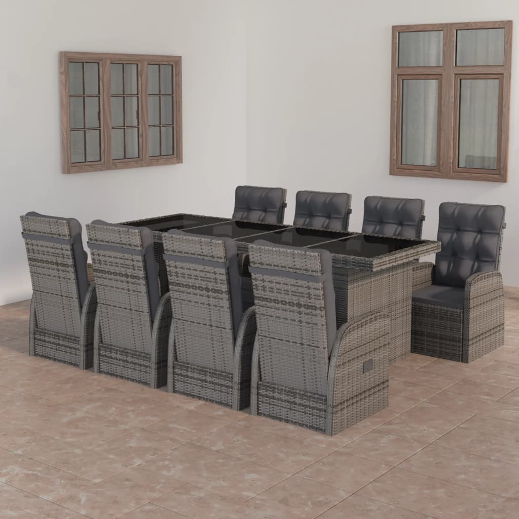 vidaXL 9 Piece Patio Dining Set with Cushions Poly Rattan Gray