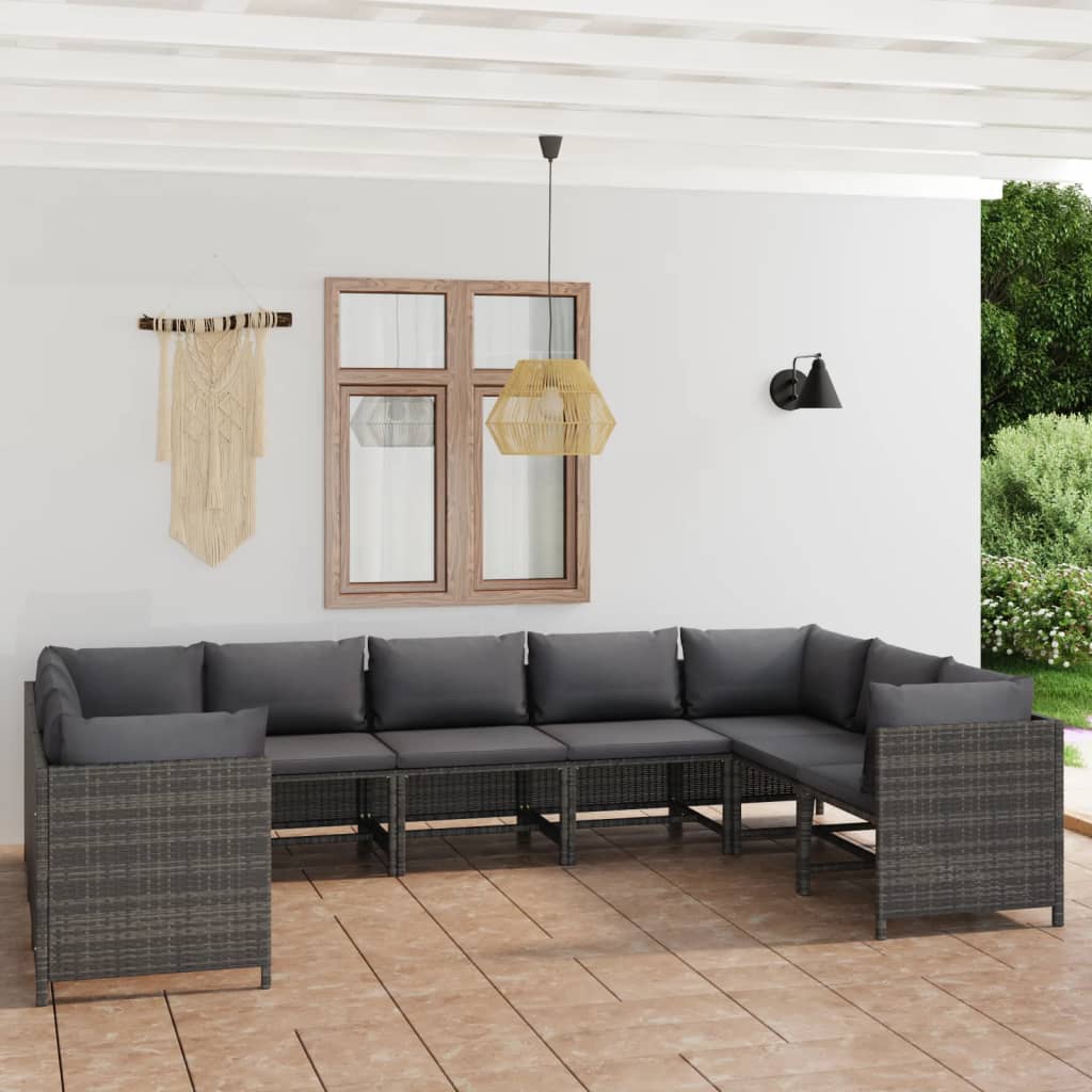 vidaXL 9 Piece Patio Lounge Set with Cushions Poly Rattan Gray