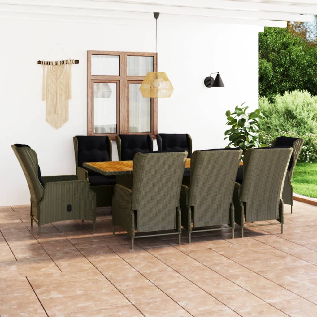 vidaXL 9 Piece Patio Dining Set with Cushions Poly Rattan Brown