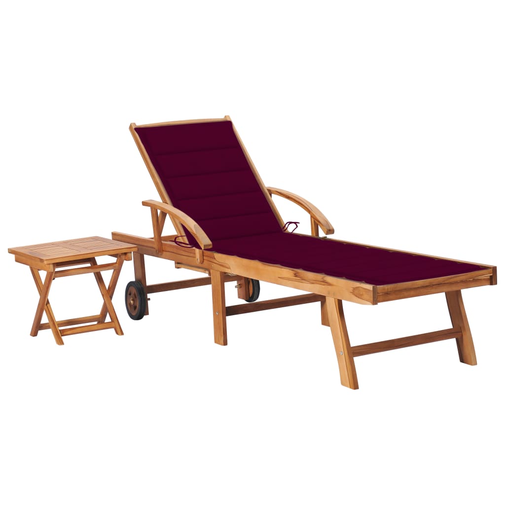 vidaXL Sun Lounger with Table and Cushion Solid Teak Wood