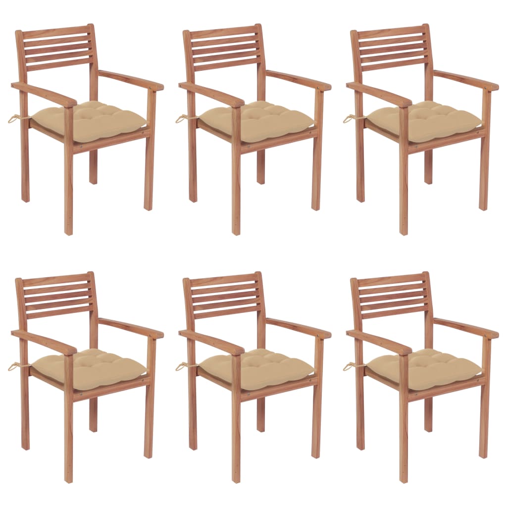 vidaXL Stackable Patio Chairs with Cushions 6 pcs Solid Teak Wood