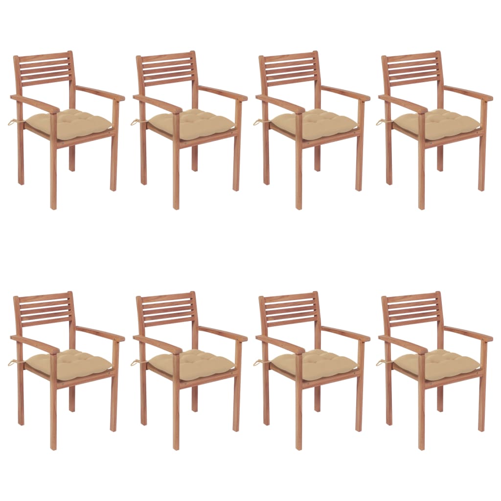 vidaXL Stackable Patio Chairs with Cushions 8 pcs Solid Teak Wood