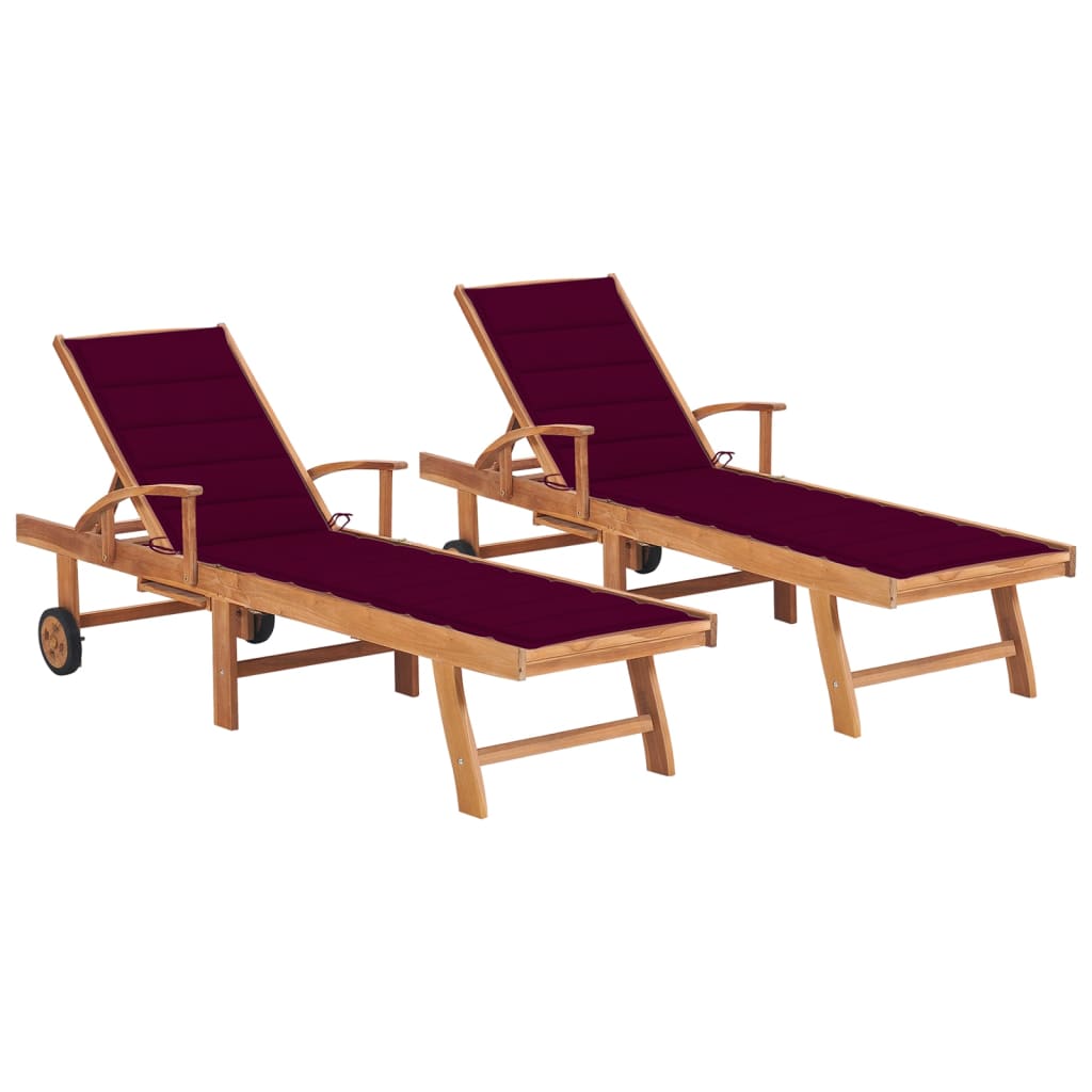 vidaXL Sun Loungers 2 pcs with Wine Red Cushion Solid Teak Wood