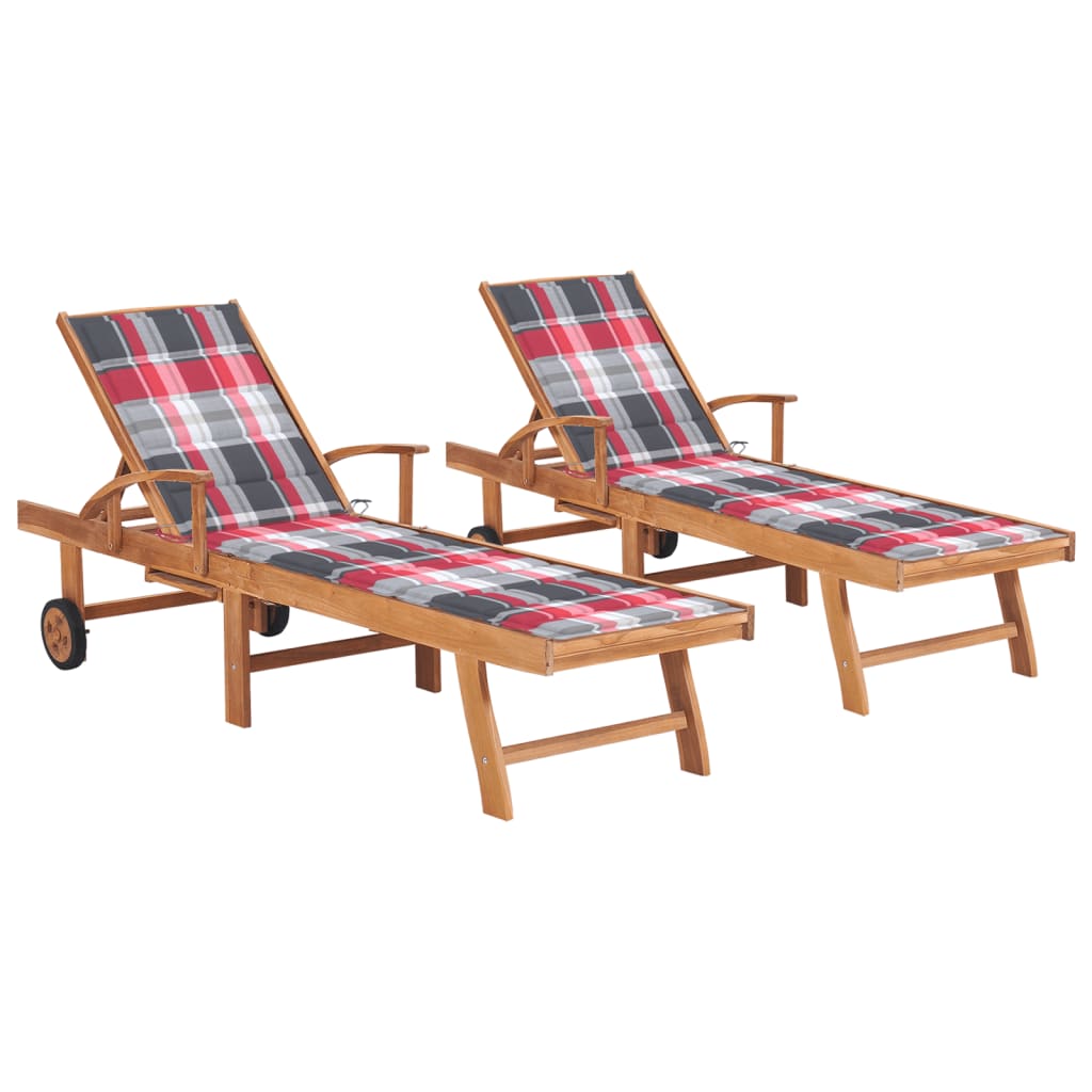 vidaXL Sun Loungers 2 pcs with Red Check Pattern Cushion Solid Teak Wood