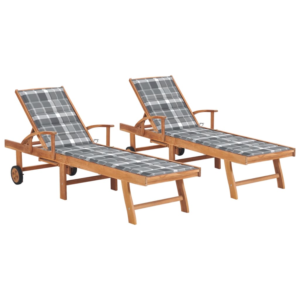 vidaXL Sun Loungers 2 pcs with Gray Check Pattern Cushion Solid Teak Wood