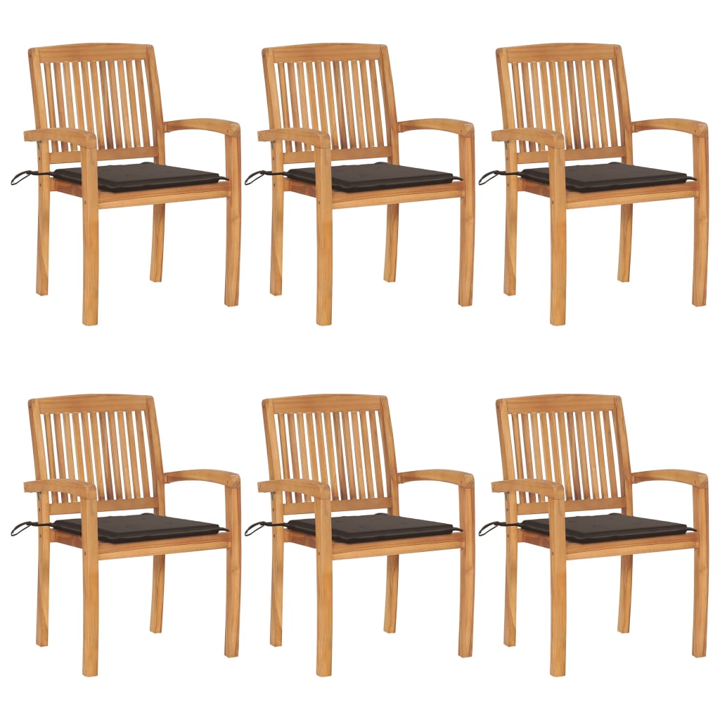 vidaXL Stacking Patio Chairs with Cushions 6 pcs Solid Teak Wood