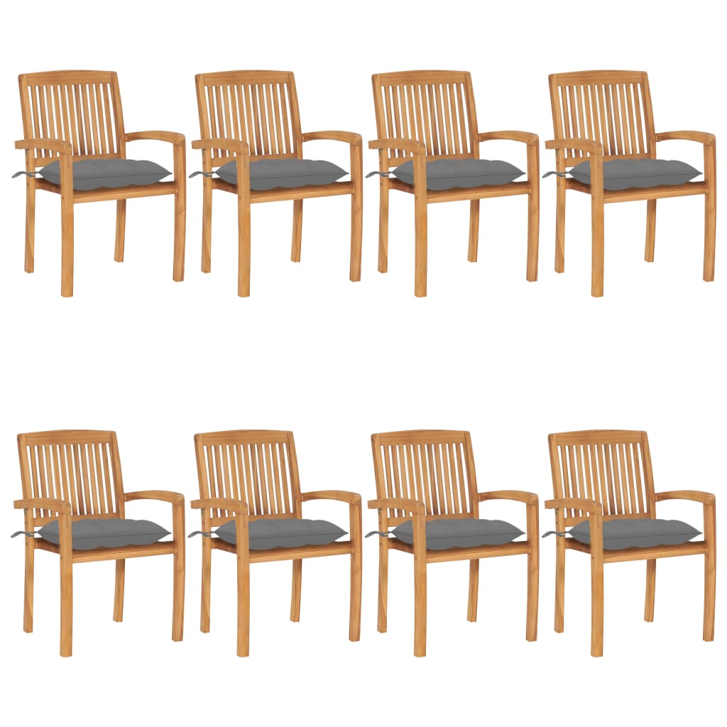 vidaXL Stacking Patio Chairs with Cushions 8 pcs Solid Teak Wood