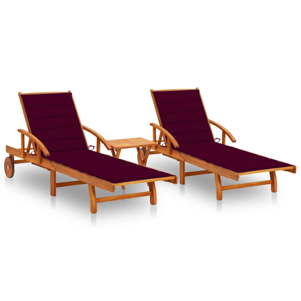 vidaXL Sun Loungers 2 pcs with Table and Cushions Solid Wood Acacia