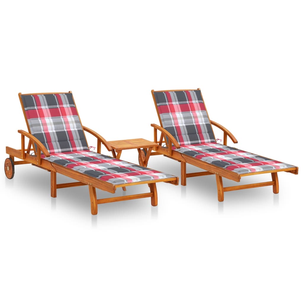 vidaXL Sun Loungers 2 pcs with Table and Cushions Solid Acacia Wood