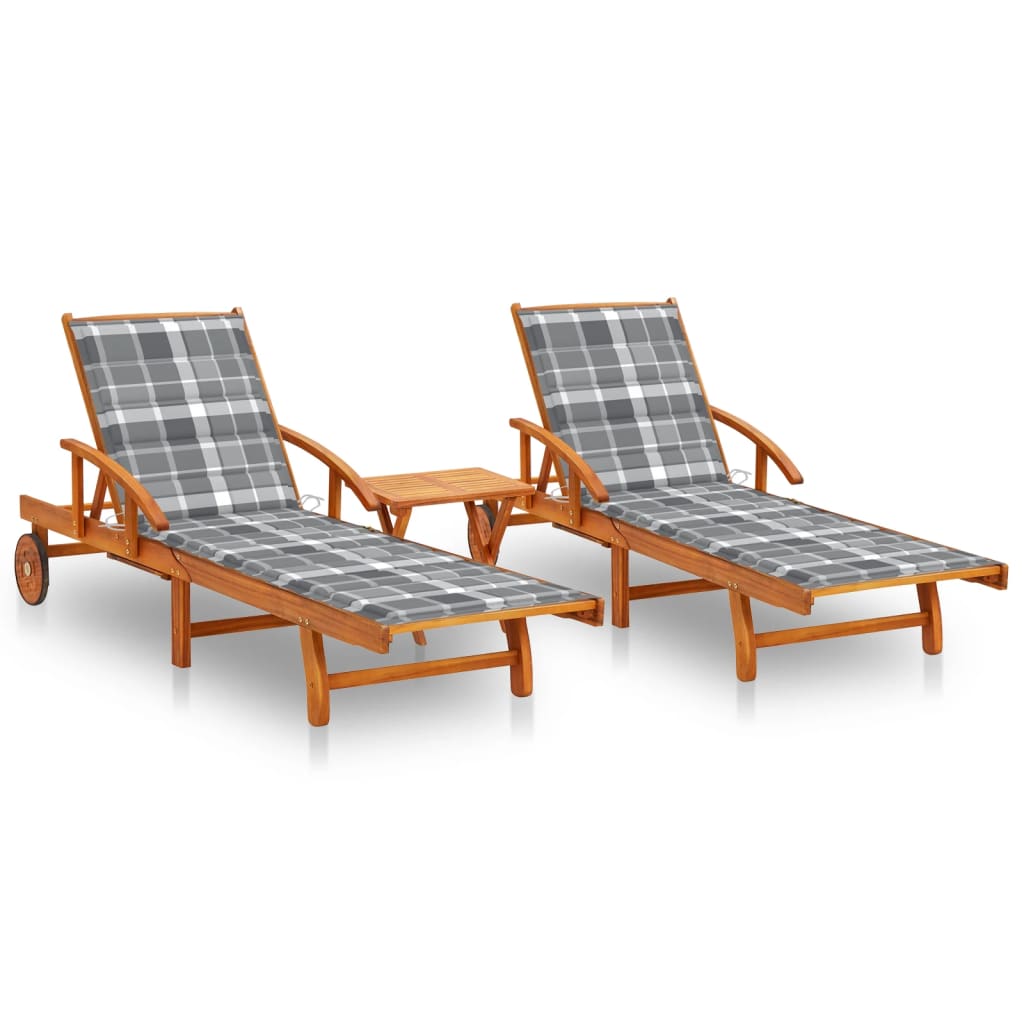 vidaXL Sun Loungers 2 pcs with Table and Cushions Solid Wood Acacia