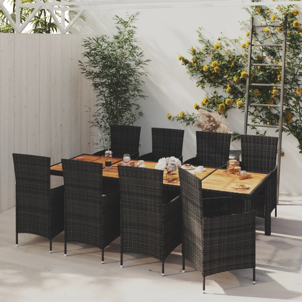 vidaXL 9 Piece Patio Dining Set with Cushions Poly Rattan Black