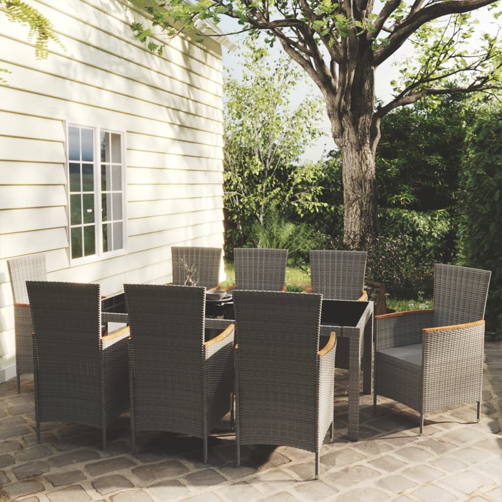 vidaXL 9 Piece Patio Dining Set with Cushions Poly Rattan Gray