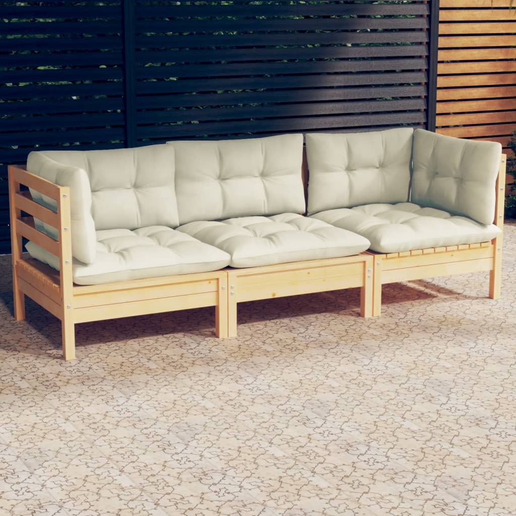 vidaXL 3-Seater Patio Sofa with Cream Cushions Solid Pinewood