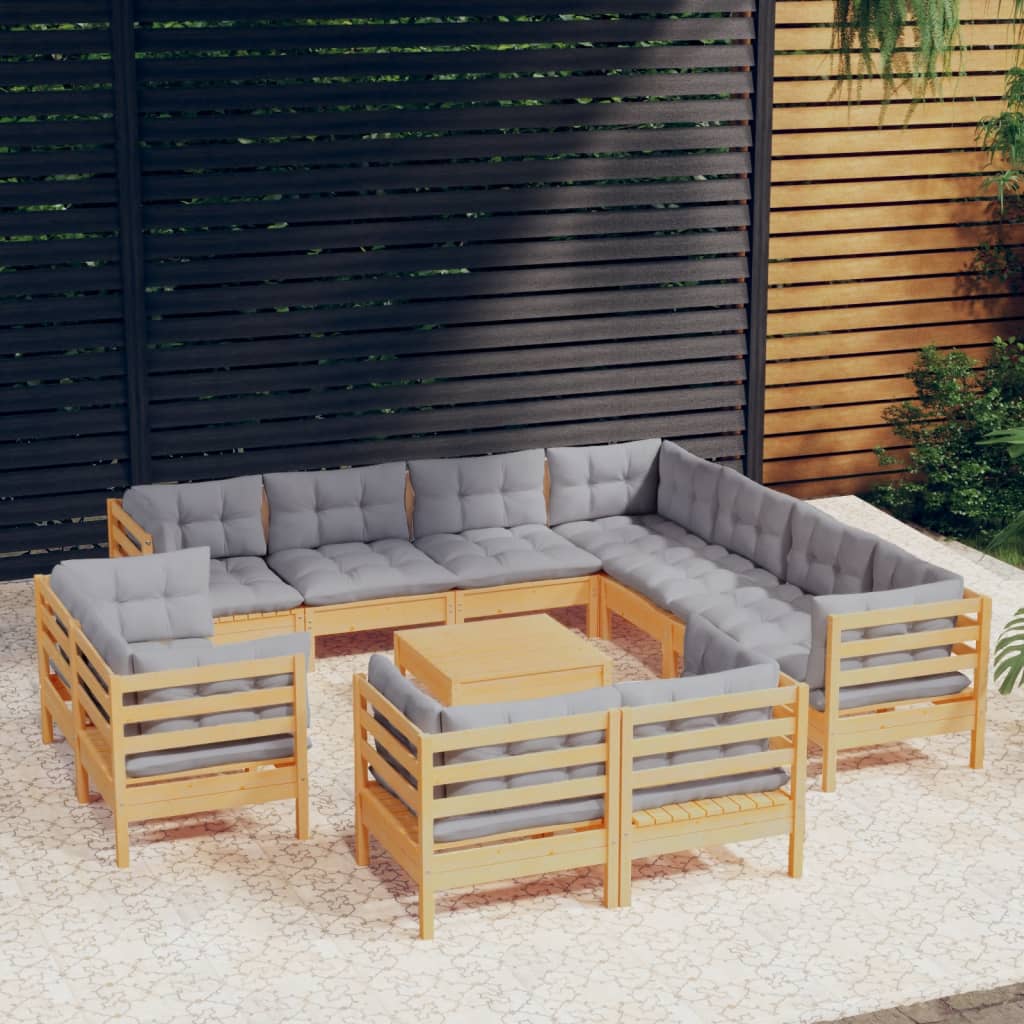 vidaXL 12 Piece Patio Lounge Set with Gray Cushions Solid Pinewood